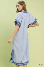 Blue pinstripe midi dress with V-neck trim and short flutter sleeves, contrast hem band