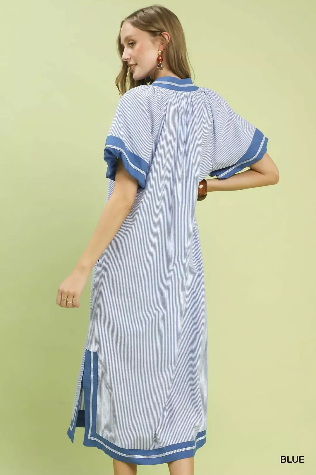 Blue pinstripe midi dress with V-neck trim and short flutter sleeves, contrast hem band