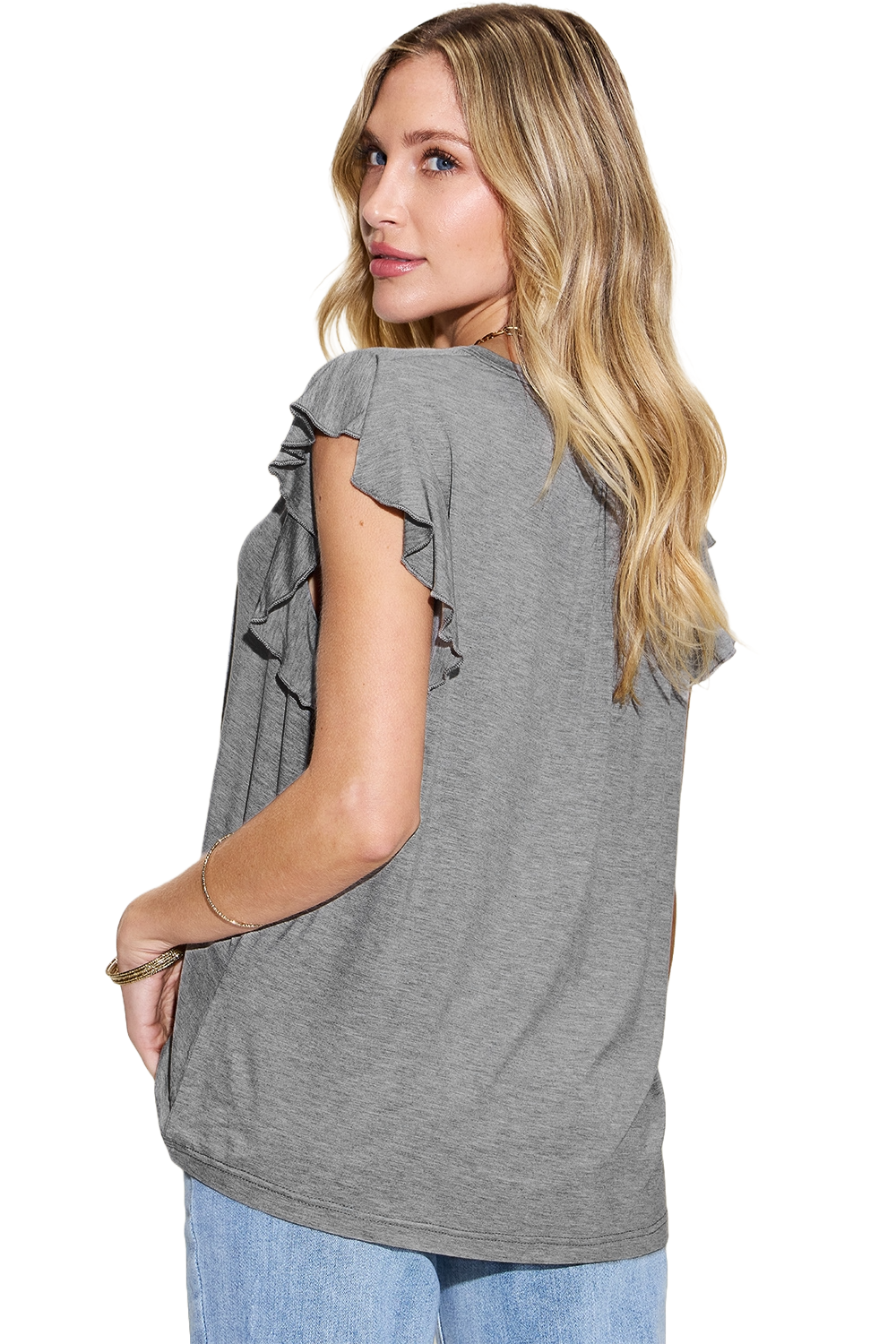 Basic Bae Bamboo Notched Ruffled T Shirt Short Sleeve Soft Stylish Eco Friendly Top