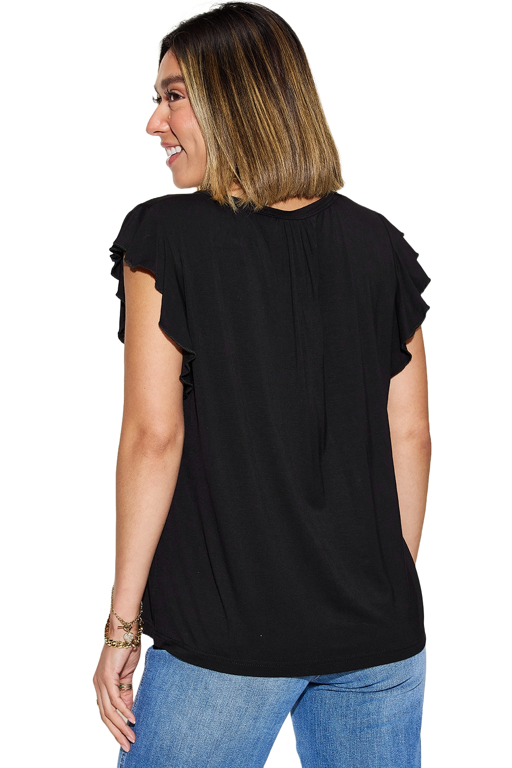 Basic Bae Bamboo Notched Ruffled T Shirt Short Sleeve Soft Stylish Eco Friendly Top