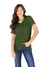 Women's olive V-neck short-sleeve lightweight top with chest pocket