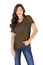Women's mocha-brown V-neck short-sleeve lightweight top with chest pocket