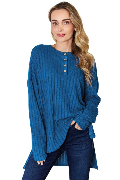Basic Bae Ribbed Half Button High Low T Shirt Stylish Long Sleeve Casual Top