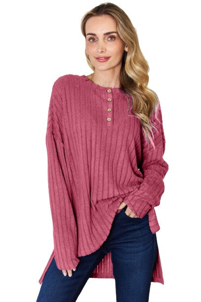 Basic Bae Ribbed Half Button High Low T Shirt Stylish Long Sleeve Casual Top