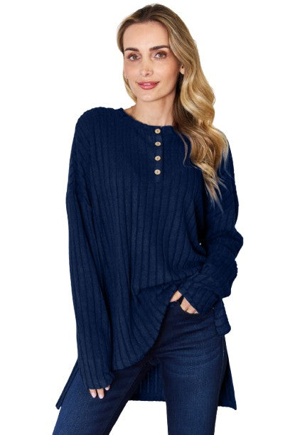 Basic Bae Ribbed Half Button High Low T Shirt Stylish Long Sleeve Casual Top