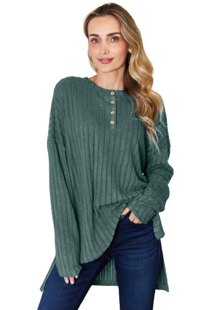 Basic Bae Ribbed Half Button High Low T Shirt Stylish Long Sleeve Casual Top