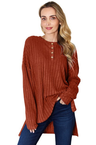 Basic Bae Ribbed Half Button High Low T Shirt Stylish Long Sleeve Casual Top