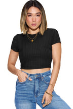Black ribbed crop T-shirt for women, round neck, short sleeves, front view