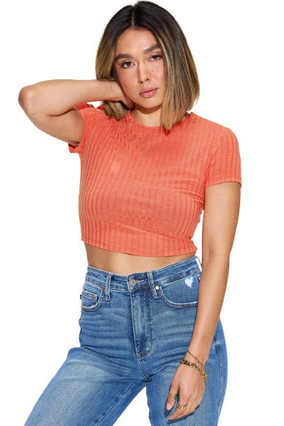 Basic Bae Ribbed Texture Casual Short Sleeve Top