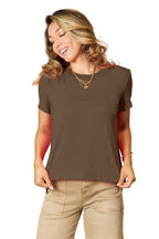 Women's short-sleeve T-shirt, chestnut brown, V-neck style and relaxed fit.
