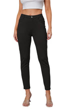 Women’s black ankle-length slim pants with front button and pockets