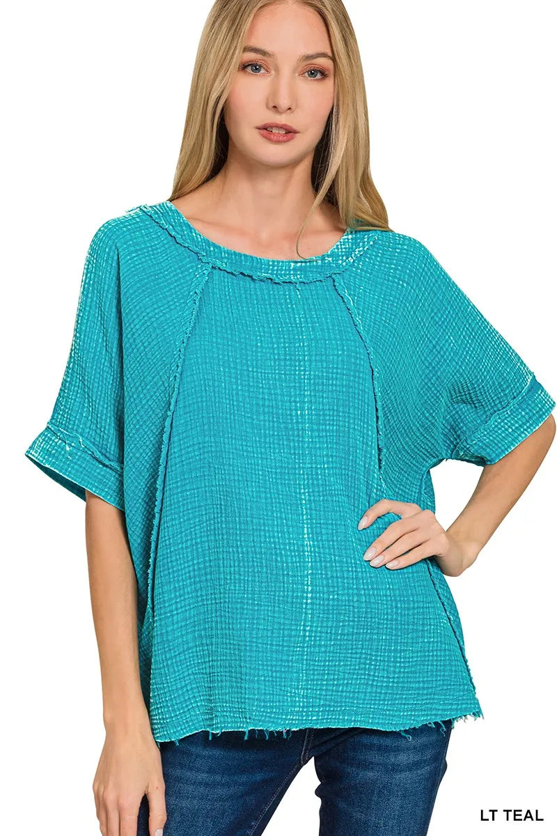 Washed Double Gauze Top – Exposed Seam Casual Short Sleeve Shirt