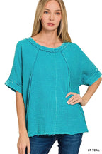 Washed Double Gauze Top – Exposed Seam Casual Short Sleeve Shirt