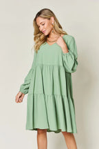 V-Neck Balloon Sleeve Tiered Dress – Flowy, Chic & With Pockets