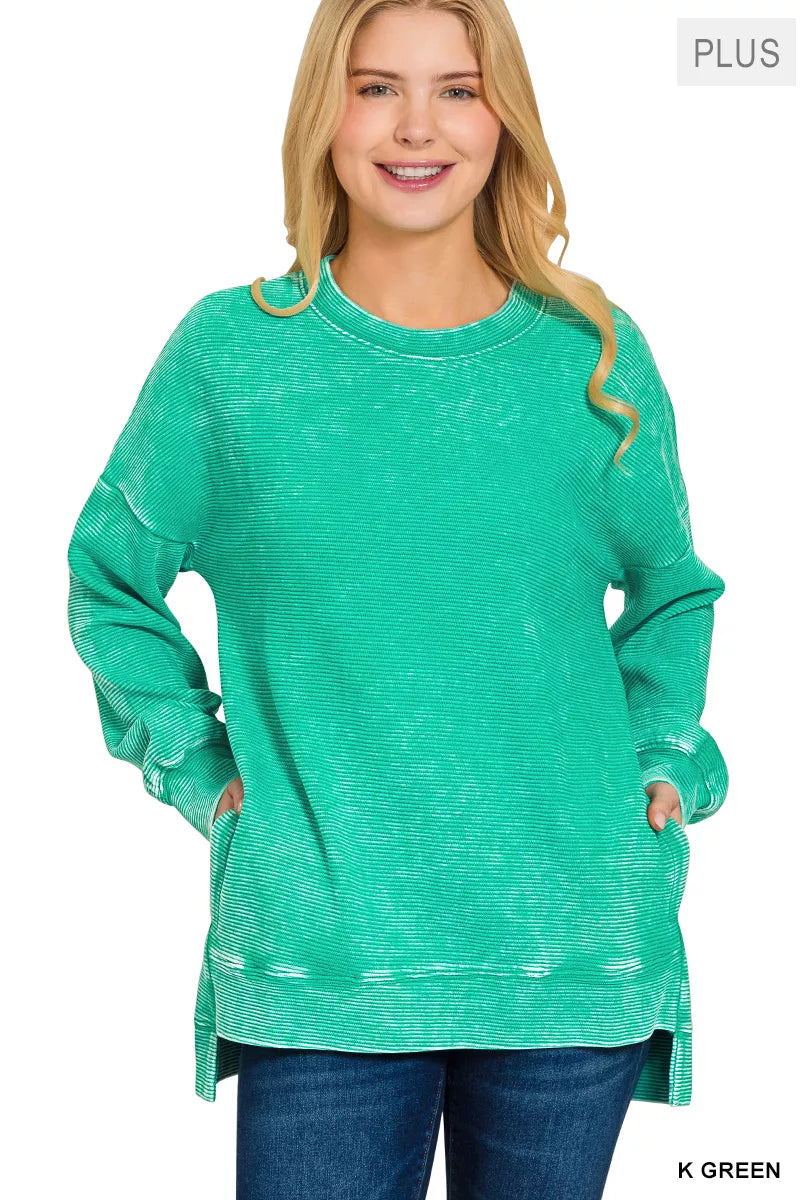 Zenana Acid Washed Double Ribbed Hi-Low Pullover
