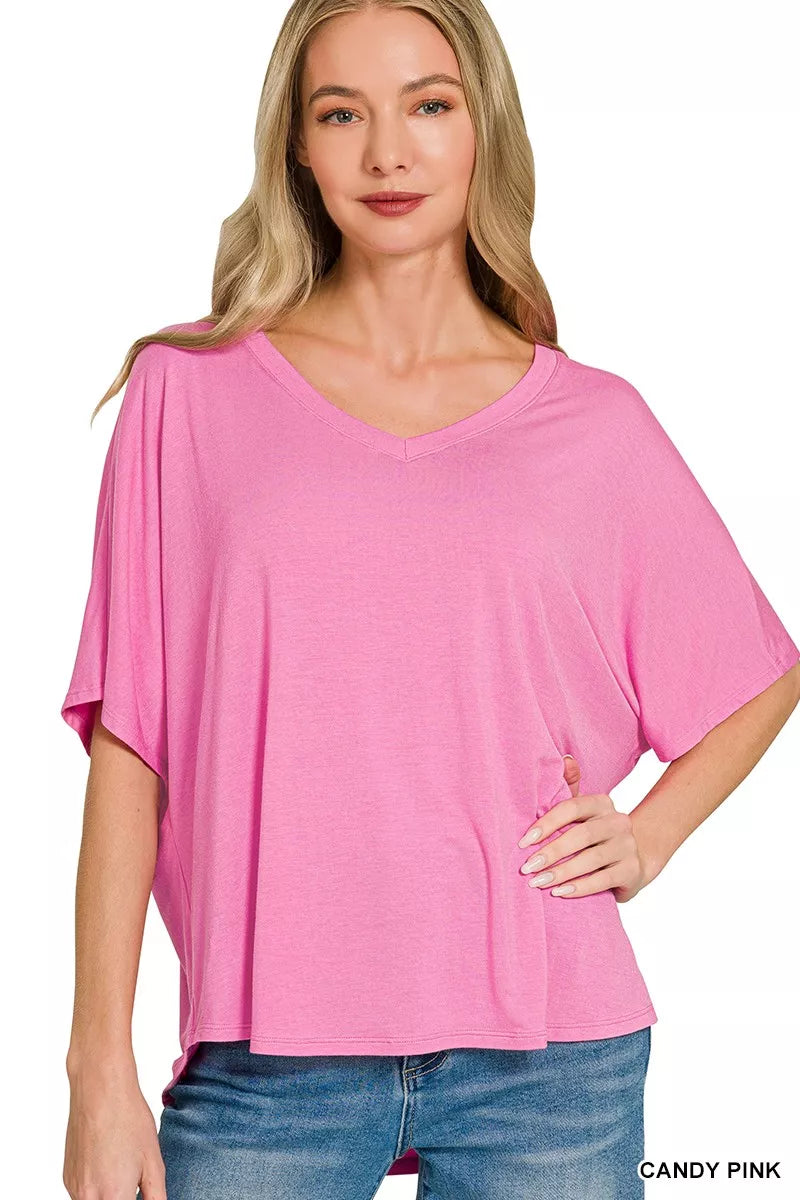 Candy pink V-neck oversized top with short sleeves