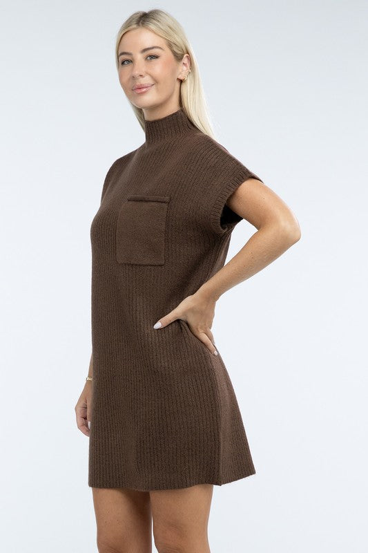 Zenana Mock Neck Short Sleeve Sweater Dress with Pocket