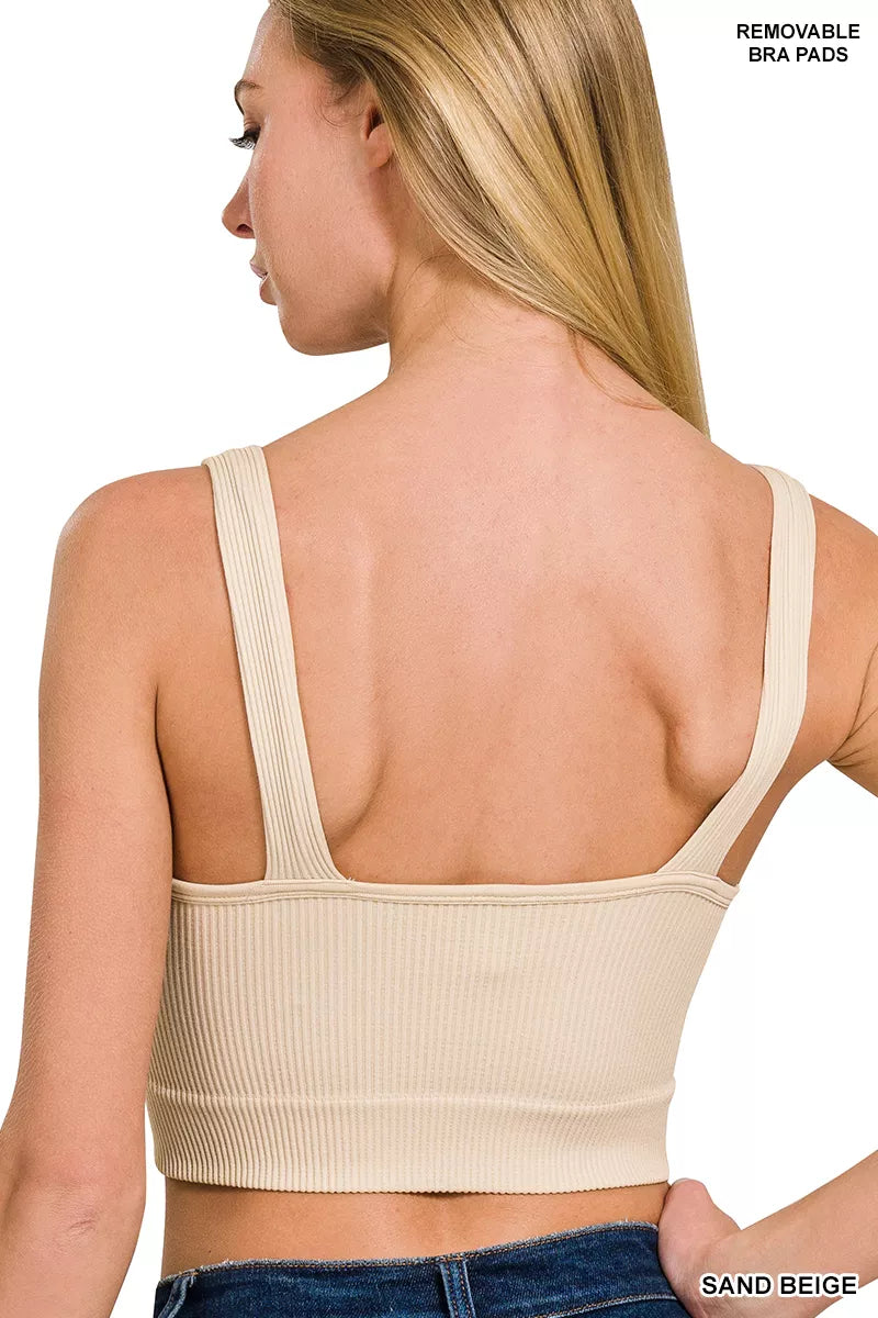Sand beige seamless ribbed cropped padded tank top with racerback straps
