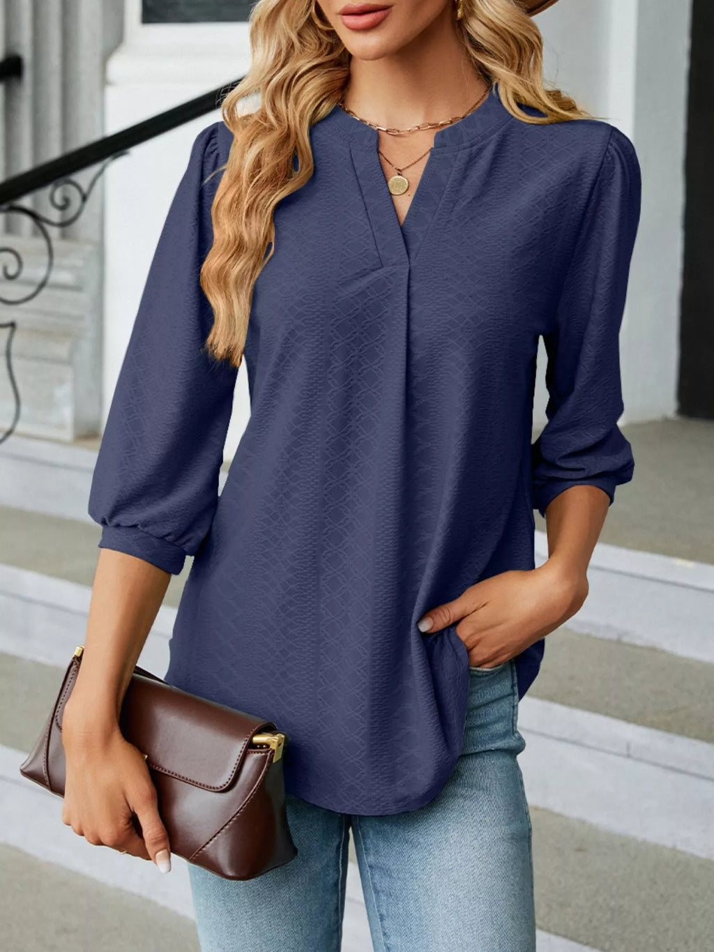Notched 3/4 Sleeve Casual Top – Effortless Everyday Style