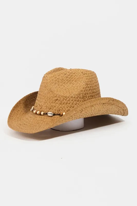 Beaded Cowrie Shell Straw Weave Cowboy Hat – Boho Western Style