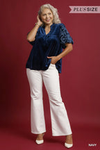 Navy Velvet Embroidered Sleeve Blouse Boho Chic Elegance