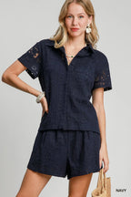 Patch Lace Short Sleeve Button Down Shirt – Chic & Feminine Top
