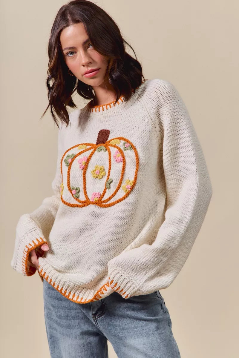 Pumpkin Floral Embroidered Thanksgiving Sweater – Festive Fall Knit