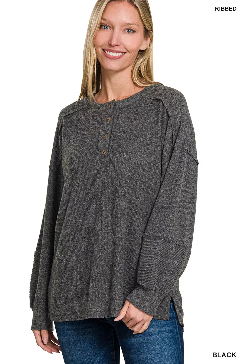 Ribbed Hacci Melange Henley Sweater – Cozy Button-Up Knit Top