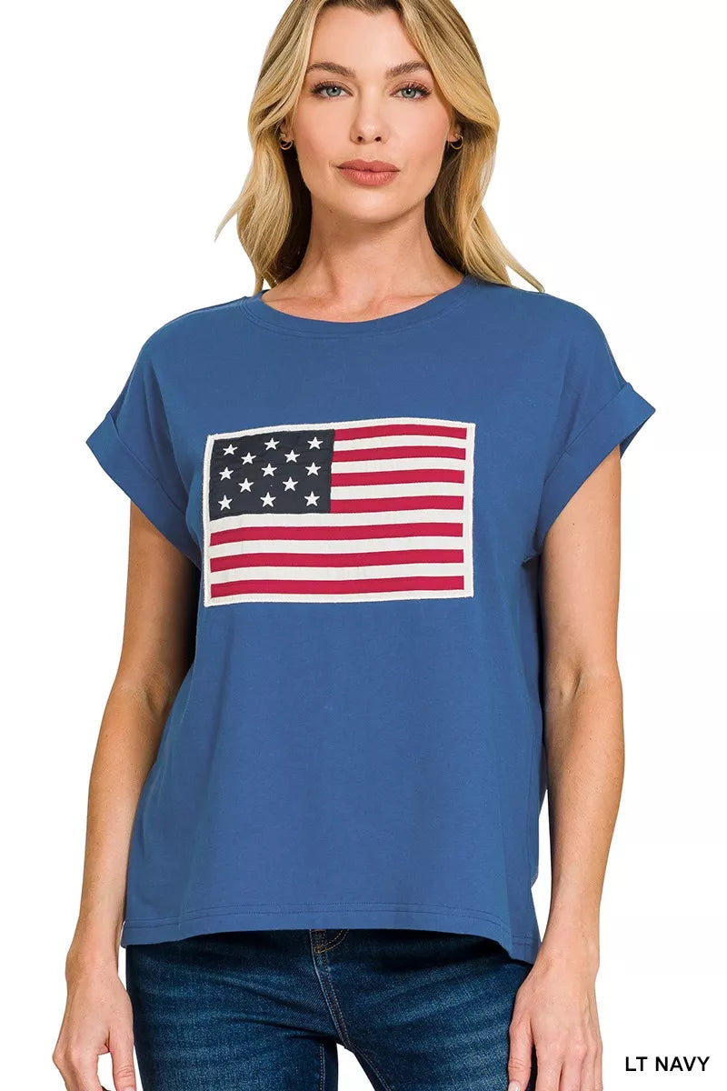 Light navy womens round-neck T-shirt with American flag graphic, short sleeves
