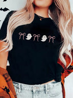 Halloween Ghost Bow Graphic T-Shirt – Cute Short Sleeve Tee