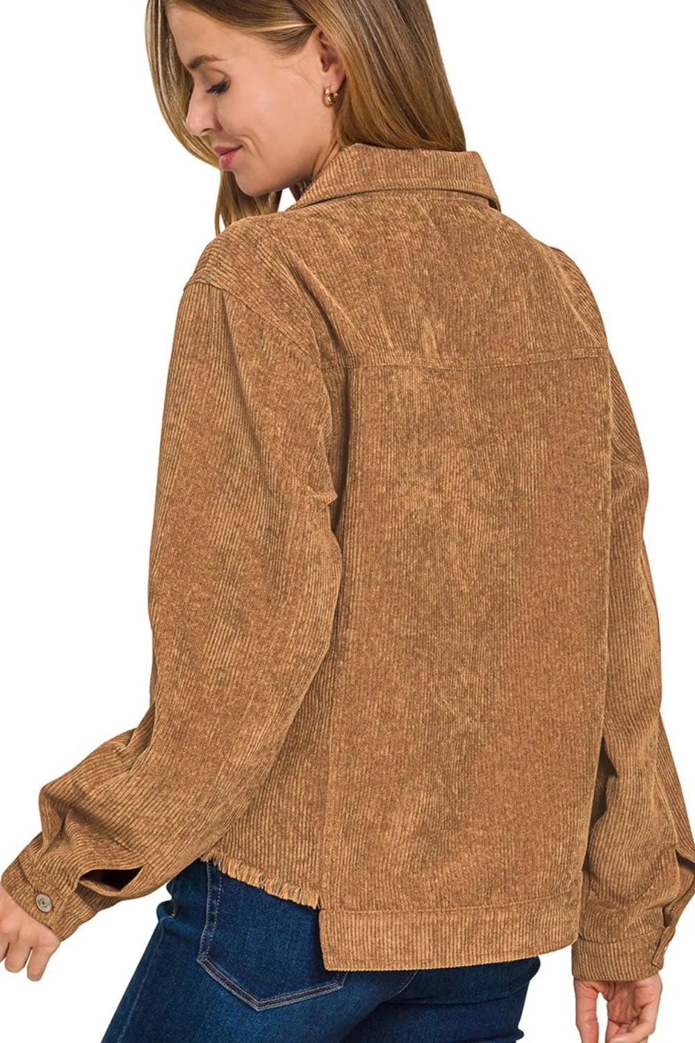Brown Corduroy Jacket – Button-Up, Frayed Hem & Vintage-Inspired Style