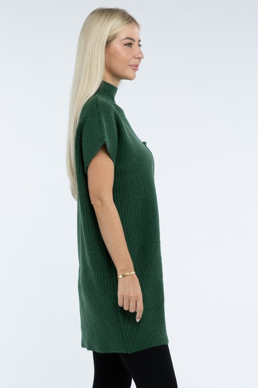Zenana Mock Neck Short Sleeve Sweater Dress with Pocket