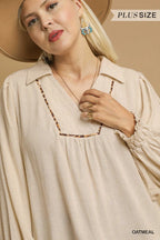 Linen Scallop Hem Blouse Contrast Trim Women’s Chic Casual Plus Top