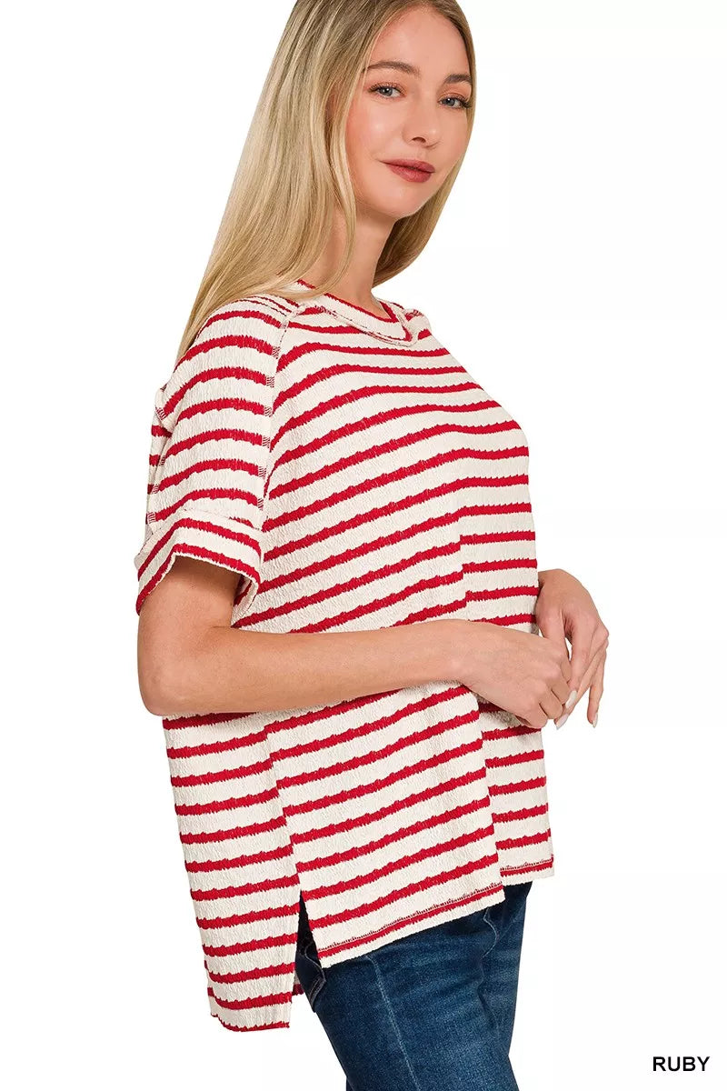Ruby striped short-sleeve tee with round neck and side slit hem, textured knit