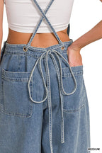 Medium Washed Wide Leg Denim Overalls | Women’s Retro Casual Jeans
