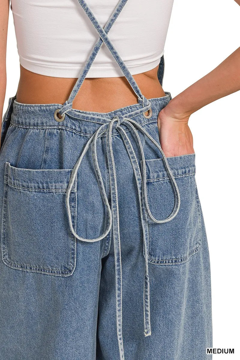 Medium Washed Wide Leg Denim Overalls | Women’s Retro Casual Jeans