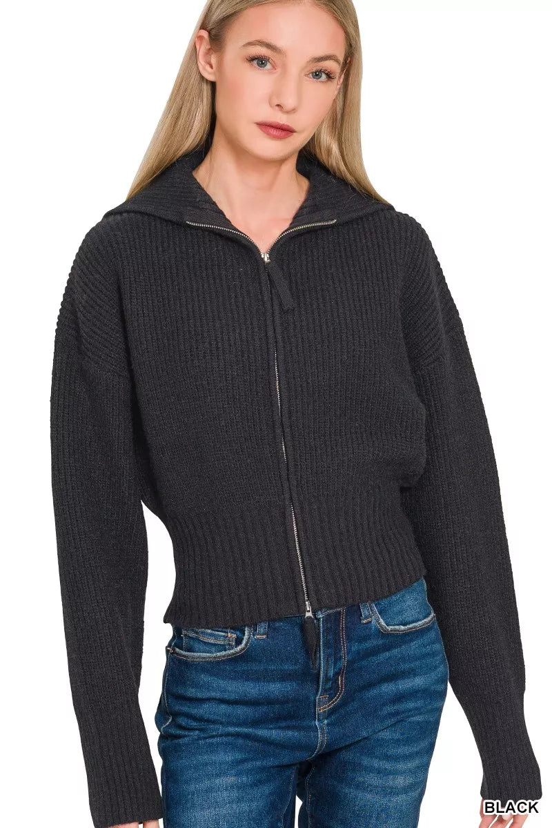 Zenana Ribbed Collared Zip Up Sweater – Chic & Cozy Cardigan Style