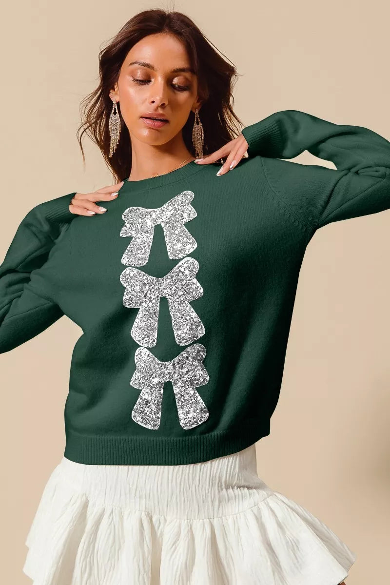 SO ME Sequin Bow Ribbon Christmas Sweater – Festive Sparkle Holiday Style