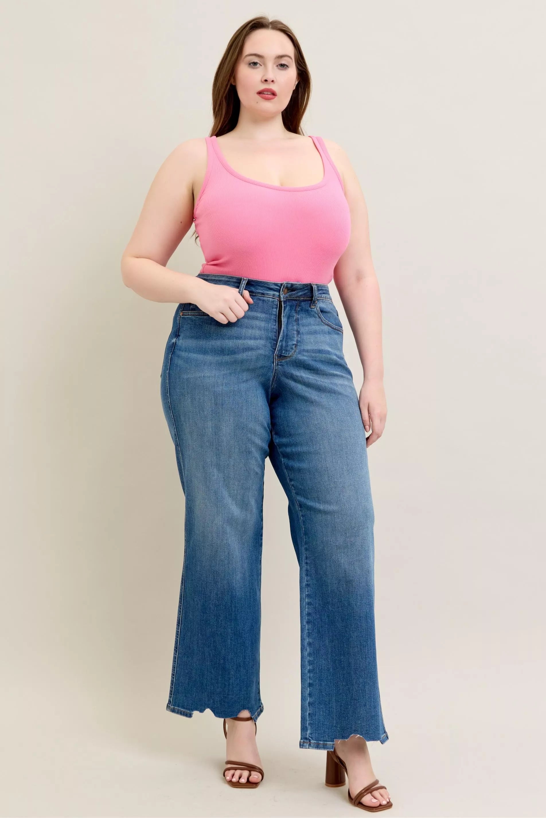 Judy Blue High Waist Tummy Control Wide Jeans – Chew Hem Destroyed
