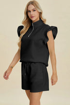 Textured Flounce Sleeve Top & Shorts Set – Stylish & Comfy 2-Piece