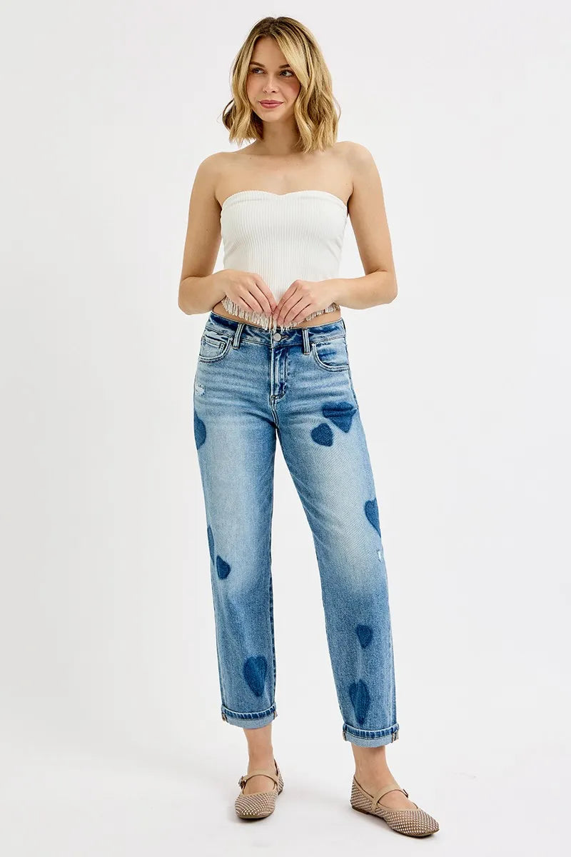 Heart Print Boyfriend Jeans – Light Wash Relaxed Fit Denim