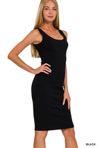 Black sleeveless bodycon midi dress, scoop neckline, fitted waist
