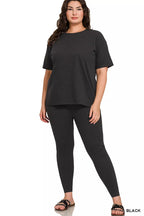 Black short-sleeve loungewear top and ankle-length slim pants set, plus size