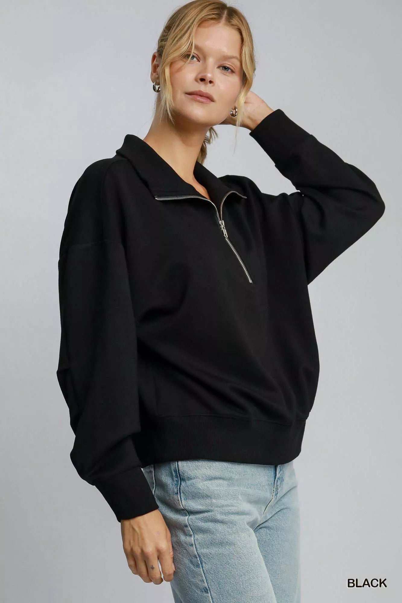 Umgee Half Zip Drop Shoulder Sweatshirt – Casual Chic Everyday Comfort