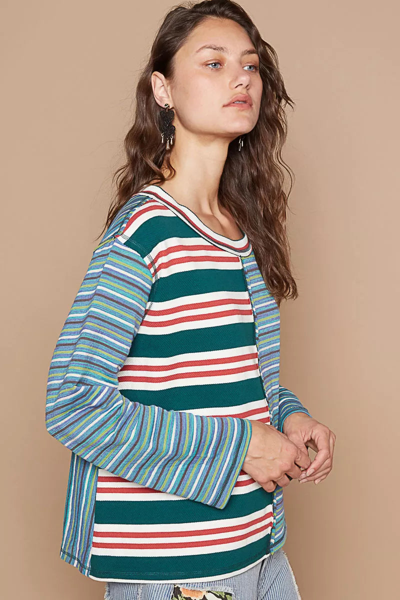 Color Block Striped Round Neck Long Sleeve T-Shirt – Casual Chic