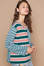 Color Block Striped Round Neck Long Sleeve T-Shirt – Casual Chic