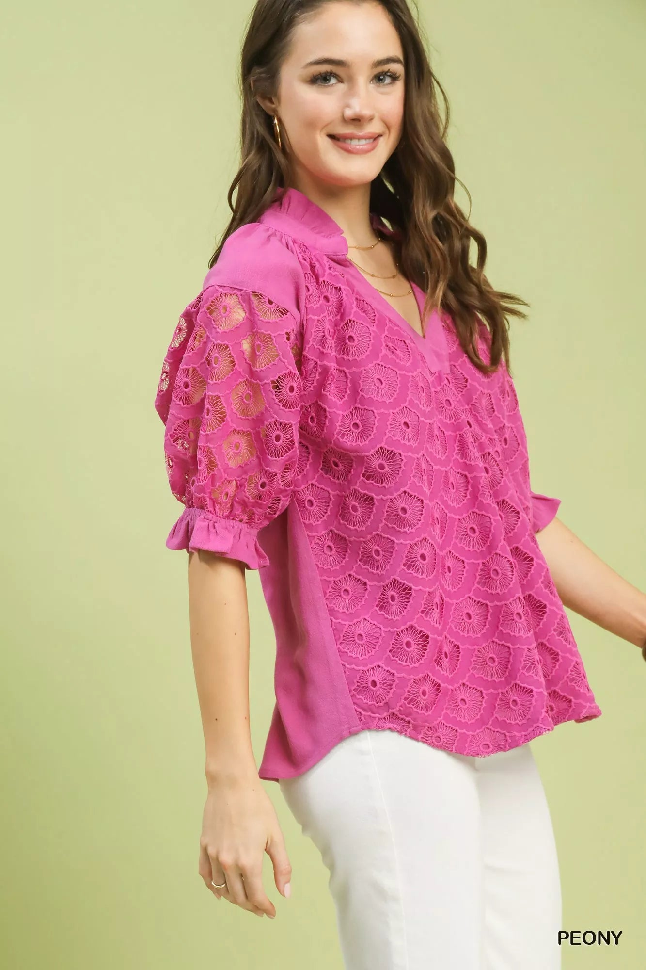 Peony pink lace peasant-style top with elbow puff sleeves and V-neck