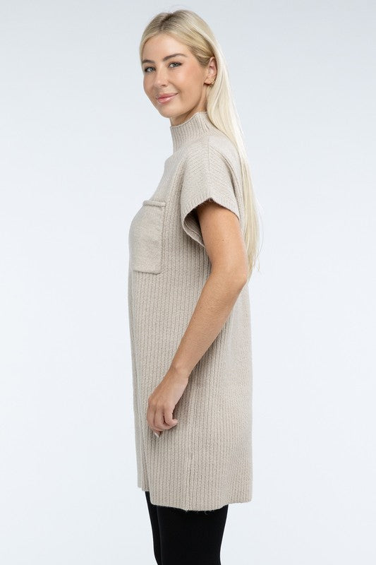 Zenana Mock Neck Short Sleeve Sweater Dress with Pocket