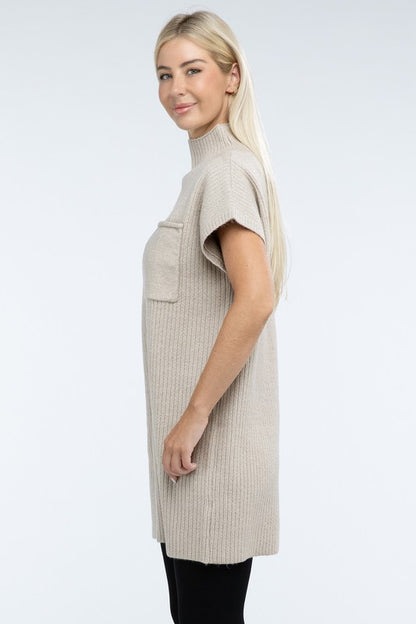 Zenana Mock Neck Short Sleeve Sweater Dress with Pocket