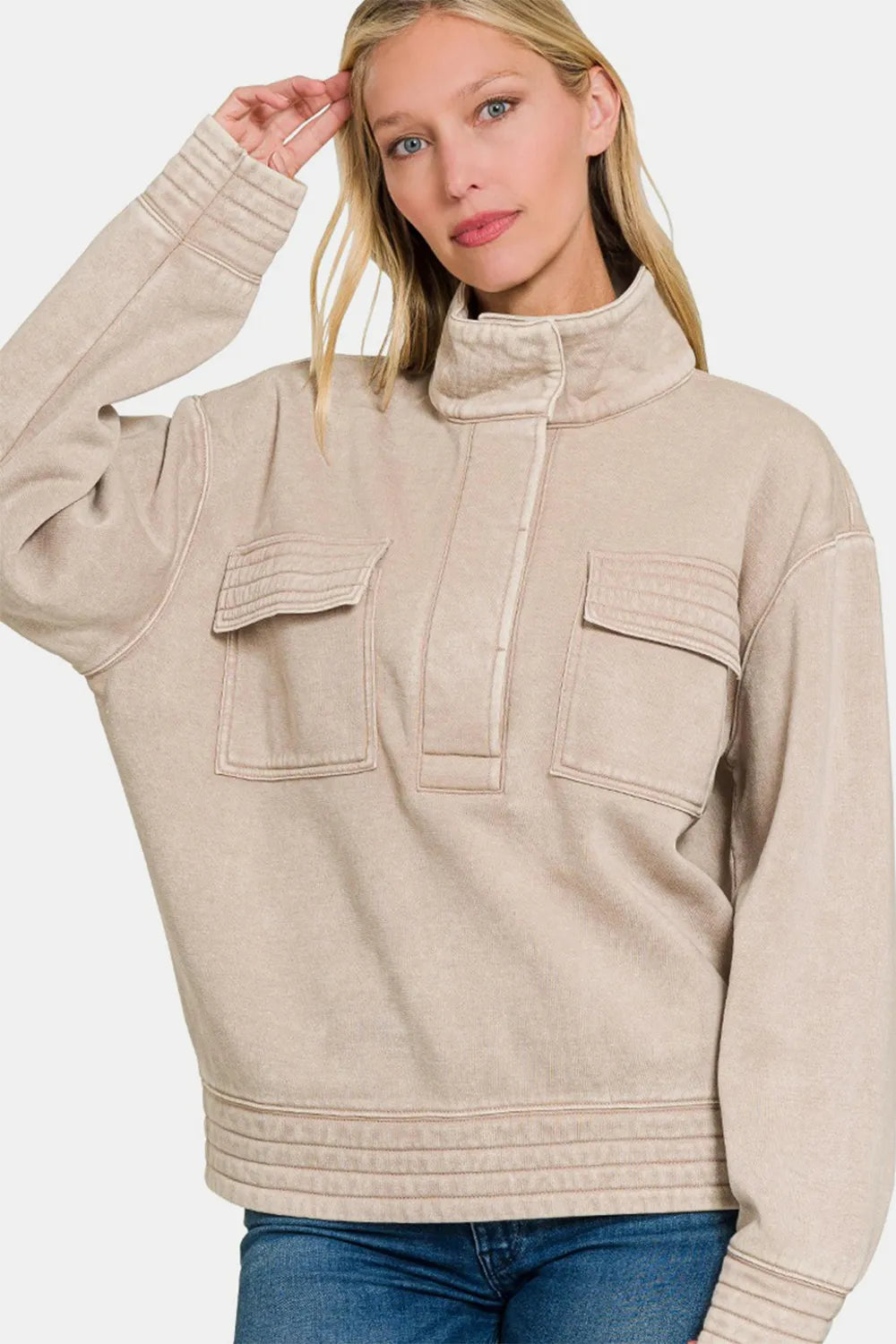 Acid Washed Half Snap Fleece Sweatshirt – Trendy Women’s Casual Pullover